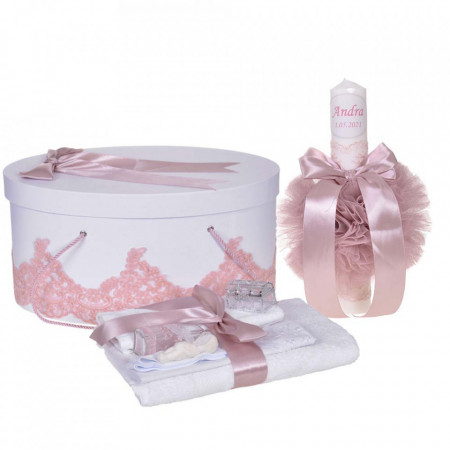 Set elegant trusou botez, cutie trusou si lumanare personalizata cu nume, decor dantela Roz pudra, Denikos® 938