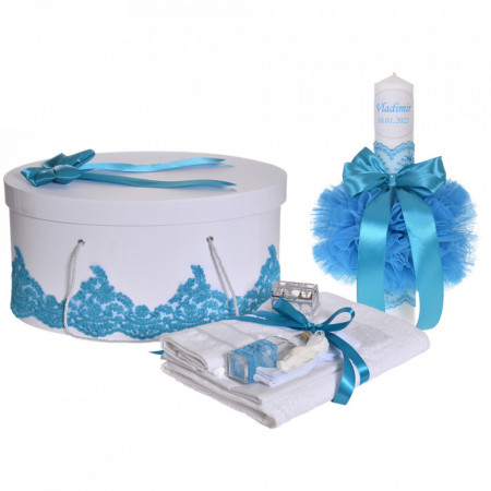 Set elegant trusou botez, cutie trusou si lumanare personalizata cu nume, decor dantela Turcoaz, Denikos® 942
