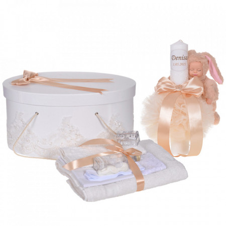 Set elegant trusou botez, cutie trusou si lumanare personalizata cu nume, decor dantela Crem cu iepuras, Denikos® 950