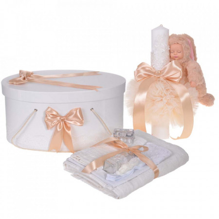 Set trusou botez, cutie trusou si lumanare iepuras pufos, dantela si fundite, decor Crem, Denikos® 896