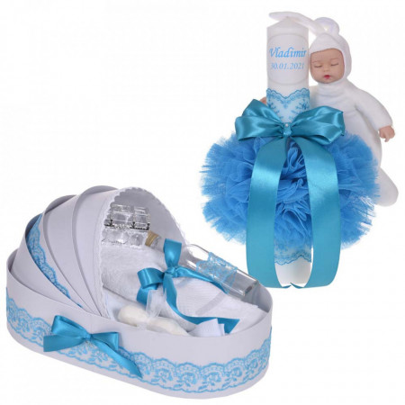Lumanare botez cu iepuras, personalizata si trusou botez in landou, decor dantela Turcoaz, Denikos® 879