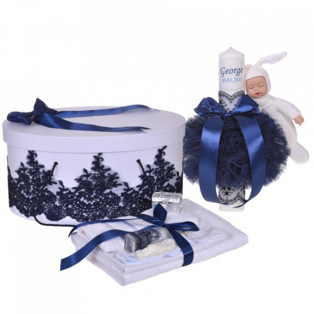 Set elegant trusou botez, cutie trusou si lumanare personalizata cu nume, decor dantela Bleumarin cu iepuras, Denikos® 945