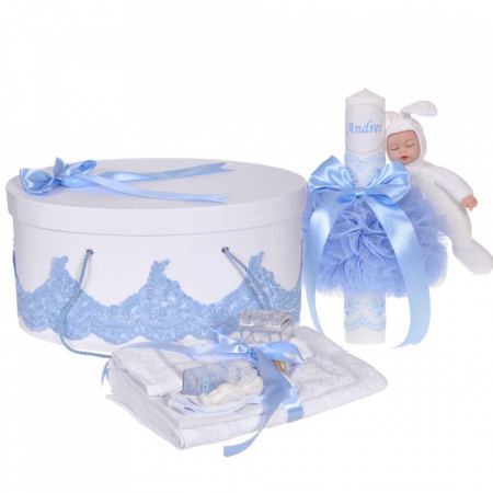 Set elegant trusou botez, cutie trusou si lumanare personalizata cu nume, decor dantela Bleu cu iepuras, Denikos® 949
