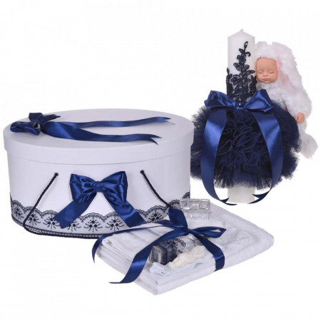 Set trusou botez, cutie trusou si lumanare iepuras pufos, dantela si fundite, decor Bleumarin, Denikos® 891