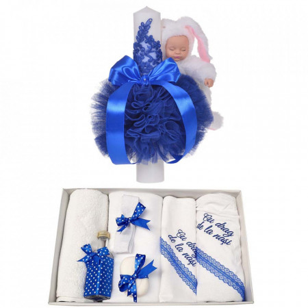 Trusou botez cu mesaj si lumanare eleganta glob cu dantela si iepuras pufos, decor albastru, Denikos® 758
