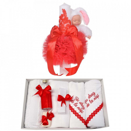 Trusou botez cu mesaj si lumanare eleganta glob cu dantela si iepuras pufos, decor rosu, Denikos® 761