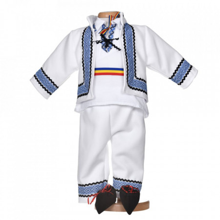Costum traditional pentru baietel, 5 piese, broderie albastra, Denikos® 1018