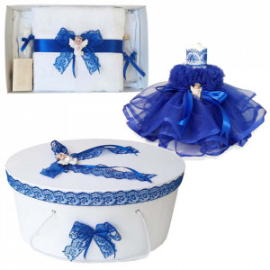 Set dantela trusou botez, cutie trusou si lumanare, Ingeras, decor albastru, Denikos® 476