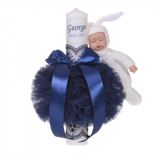 Lumanare botez cu iepuras, personalizata si trusou botez in landou, decor dantela Bleumarin, Denikos® 873