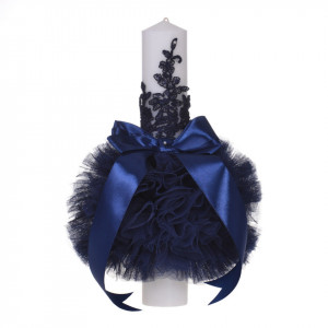 Lumanare botez eleganta cu tul, dantela si fundita, decor bleumarin, Denikos® 706