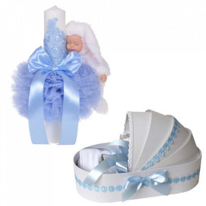 Lumanare botez glob iepuras pufos si trusou botez in landou, decor Bleu cu floricele, Denikos® 766
