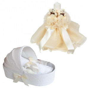 Lumanare botez tul ivoire cu ursuleti si trusou botez in landou, decor dantela, Denikos® 596