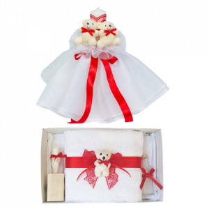 Lumanare botez tul si ursuleti si trusou botez dantela, decor Rosu, Denikos® 620