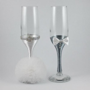 Pahare nunta decorate alb si gri PN003