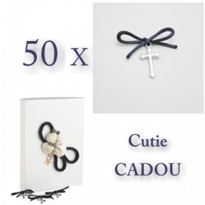 Set 50 cruciulite botez cu snur si cutie cadou decor bleumarin tema marina CC-016