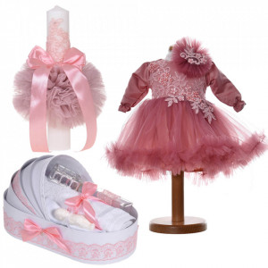 Set botez fetita, rochita 2 piese, trusou botez si lumanare, decor roz pudrat inchis, Denikos® C9194