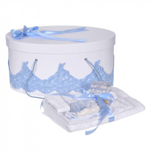 Set elegant trusou botez, cutie trusou si lumanare iepuras pufos, dantela si fundite, decor Bleu, Denikos® 931