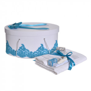 Set elegant trusou botez, cutie trusou si lumanare iepuras pufos, dantela si fundite, decor Turcoaz, Denikos® 933