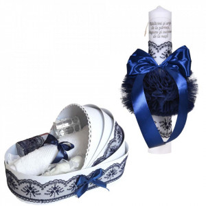 Set lumanare botez cu mesaj si trusou botez in landou, decor dantela bleumarin lata, Denikos® C1066