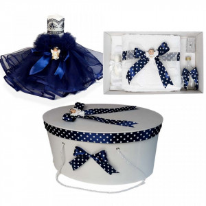 Set trusou botez, cutie trusou si lumanare, Ingeras, fundita bleumarin, Denikos® 97