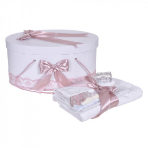 Set trusou botez, cutie trusou si lumanare personalizata cu nume, decor Roz pudra cu iepuras, Denikos® 911