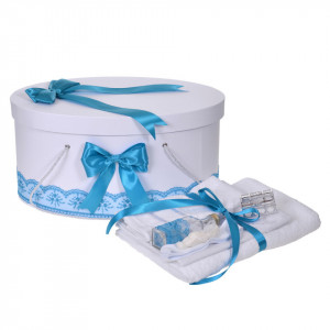 Set trusou botez, cutie trusou si lumanare personalizata cu nume, decor Turcoaz cu iepuras, Denikos® 915