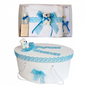 Set trusou botez si cutie trusou, Ursulet, dantela turcoaz, Denikos® 459