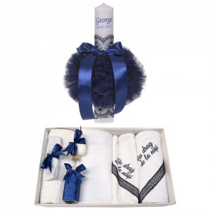 Trusou botez cu mesaj si lumanare botez personalizata, decor bleumarin, Denikos® 786