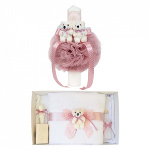 Trusou botez cu ursulet si lumanare glob, dantela si ursuleti, decor Roz Pudra, Denikos® 606