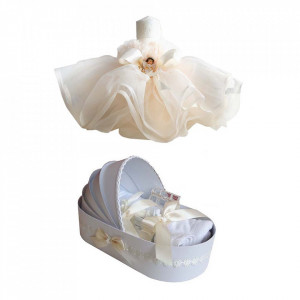 Trusou botez in landou si lumanare cu rochita si ingeras, decor ivoire Denikos® 129