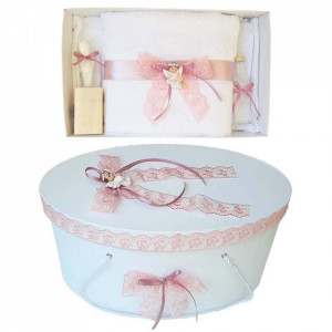 Set trusou botez si cutie trusou, Ingeras, dantela roz prafuit, Denikos® 453