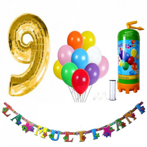 Butelie heliu, cifra 9 balon folie, banner si 10 baloane latex