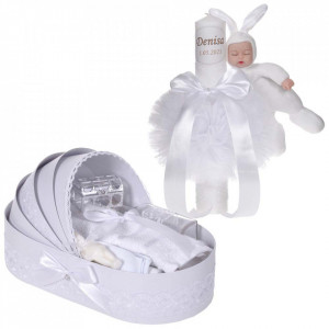 Lumanare botez cu iepuras, personalizata si trusou botez in landou, decor dantela Alba, Denikos® 880