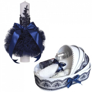 Lumanare botez glob cu dantela si trusou botez in landou, decor Bleumarin, Denikos® 753