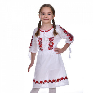 Rochie traditionala fetita, alba, broderie florala rosie, 1 - 16 ani, DNK0170