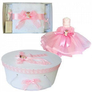 Set dantela trusou botez, cutie trusou si lumanare, Ingeras, decor roz, Denikos® 481