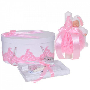 Set elegant trusou botez, cutie trusou si lumanare iepuras pufos, dantela si fundite, decor Roz, Denikos® 926