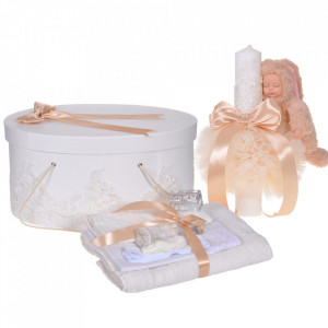 Set elegant trusou botez, cutie trusou si lumanare iepuras pufos, dantela si fundite, decor Crem, Denikos® 932