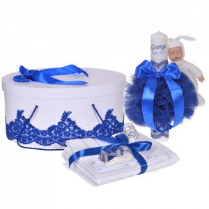 Set elegant trusou botez, cutie trusou si lumanare personalizata cu nume, decor dantela Albastra cu iepuras, Denikos® 948