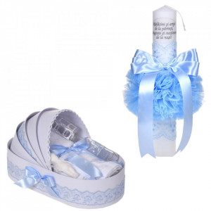 Set lumanare botez cu mesaj si trusou botez in landou, decor dantela bleu ingusta, Denikos® C1063