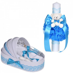 Set lumanare botez cu ursulet si trusou botez in landou, decor dantela turcoaz ingusta, Denikos® C1093