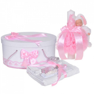 Set trusou botez, cutie trusou si lumanare iepuras pufos, dantela si fundite, decor Roz, Denikos® 890