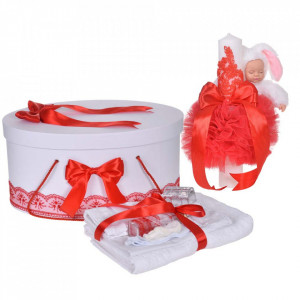 Set trusou botez, cutie trusou si lumanare iepuras pufos, dantela si fundite, decor Rosu, Denikos® 892