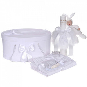 Set trusou botez, cutie trusou si lumanare personalizata cu nume, decor Alb cu iepuras, Denikos® 916
