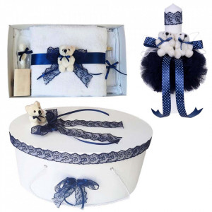 Set trusou botez, cutie trusou si lumanare, Ursulet, dantela bleumarin, Denikos® 469