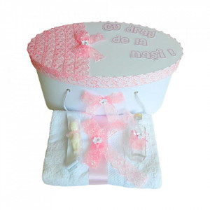 Set trusou botez si cutie trusou personalizata, decor dantela, Denikos® 218