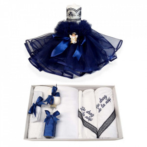 Trusou botez cu mesaj si lumanare dantela si Ingeras, decor bleumarin, Denikos® 549