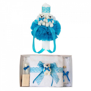 Trusou botez cu ursulet si lumanare glob, dantela si ursuleti, decor Turcoaz, Denikos® 607