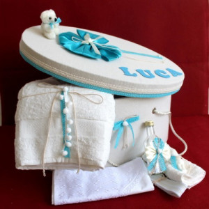 Trusou botez si cutie decorata cu fundite si dantela turcoaz NKTR007