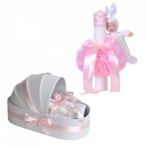 Trusou botez in landou fundita cu buline si lumanare cu iepuras, decor roz Denikos® 109
